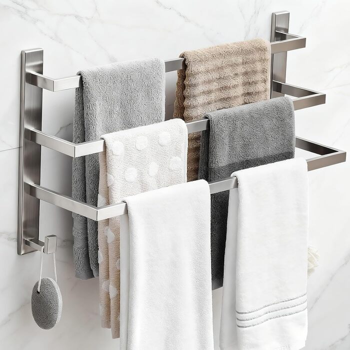 Тримач для рушників без свердління для ванної кімнати | Без бактерій | Прихований кріплення | Тримач для рушників з гачками - нержавіюча сталь SUS 304, антикорозійна, полірована