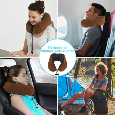 Подушка для шиї у вигляді звірка Memory Foam для дорослих з чохлами для вух, маскою для очей та сумкою. М'яка, дихаюча, ідеальна для подорожей, авто, офісу (колір: коричневий)