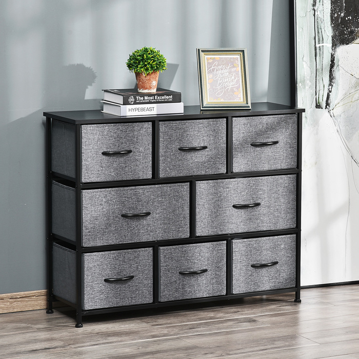 HOMCOM 8-Drawer Fabric Chest of Drawers Storage Cabinet Dresser with Handles, Metal Frame, Modern Design Closet for Bedroom, Living Room Dark Grey | Aosom