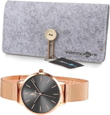 Жіночий годинник Alienwork IK Minimalist, ультратонкий, сітчасте браслет (рожеве золото/сірий/рожеве золоте сітчасте браслет)