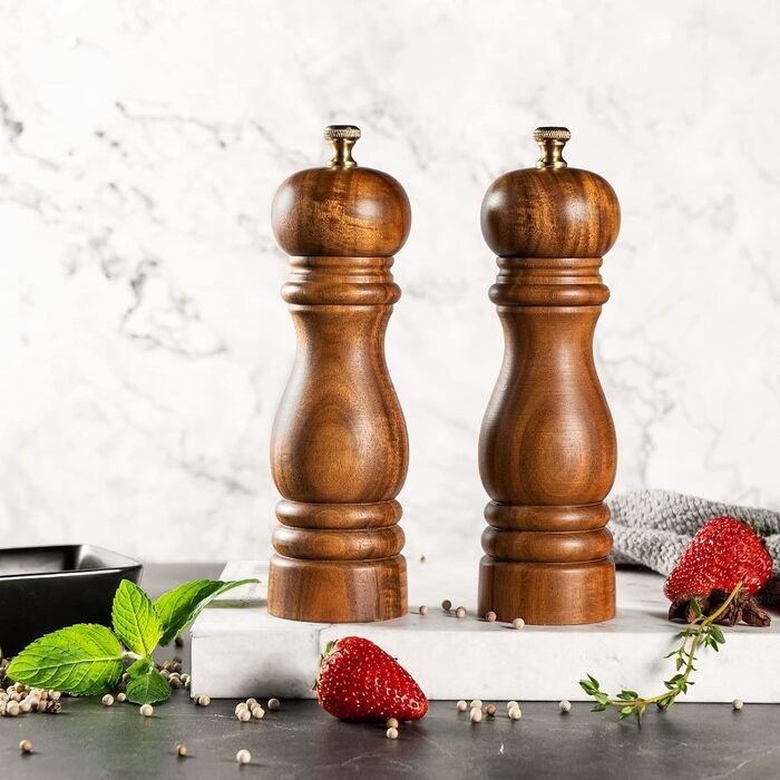Bill.F Salt and Pepper Grinder Set, Wooden Pepper Grinder 2-Piece Set Manual Salt and Pepper Shakers Grinder Refillable 7 inches with Adjustable Ceramic Grinding Rotor