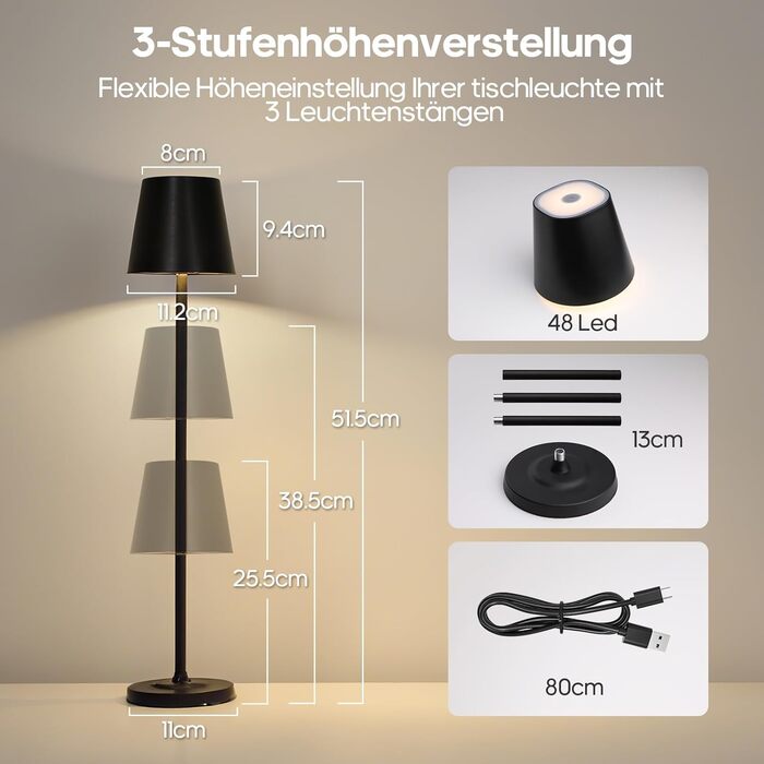 Світлодіодна настільна лампа 3-в-1 бездротова з акумулятором 5500mAh, регульована висота, димування, 3 кольори світла - USB акумуляторна настільна лампа металева водонепроникна сенсорна для дому та вулиці, чорна (набір 2 шт.)