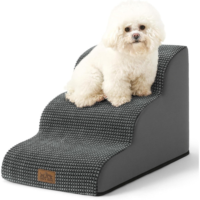 Сходинки для собак маленьких порід 40 см, для дивану, з високощільним губчастим наповнювачем, неслизьке покриття, 3 сходинки, темно-сірий колір (40x57x40 см)