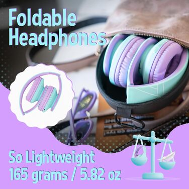 Дитячі навушники PowerLocus Bluetooth з обмеженням гучності 85dB, складні, з чохлом, Over-Ear, бездротові та провідні з мікрофоном, Micro-SD для телефону, ПК, планшета, зелені