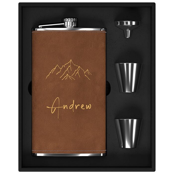 Набір фляг з гравіюванням гір, фляга з нержавіючої сталі 8oz/237ml, персоналізований подарунок на день народження, подарунок для чоловіків, кемпінгу, туризму (сірий) (Braun-design 4, 355ml/12oz)