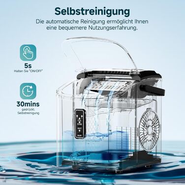 Машина для приготування льоду EUHOMY, 9 кубиків за 6 хвилин, 12 кг/день, самоочищення, портативна, з ручкою, кошиком та шуфлером, 2 розміри кубиків, чорна (срібна-1.2л)