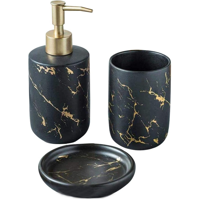 Набір аксесуарів для ванної кімнати FülleMore з кераміки, люкс, мармурова текстура, 3 шт. (дозатор для мила, мильниця, стаканчик для зубної пасти, чорний)