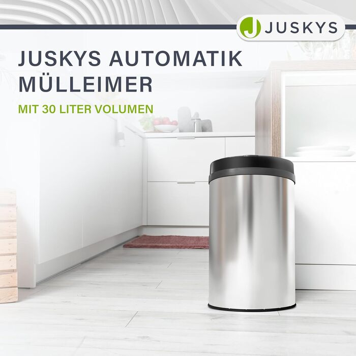 Відро для сміття Juskys з датчиком руху, 30 л, сріблястого кольору. Нержавіюча сталь, контактне відкриття, Klemmring для пакетів.
