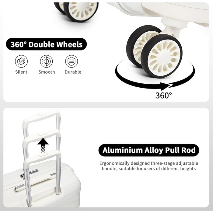 Набір валіз KONO 2 шт: ручна валіза-тележка 56 см + косметичка з поліпропілену, жорсткий корпус, 4 колеса, TSA-замок (кремово-білий)