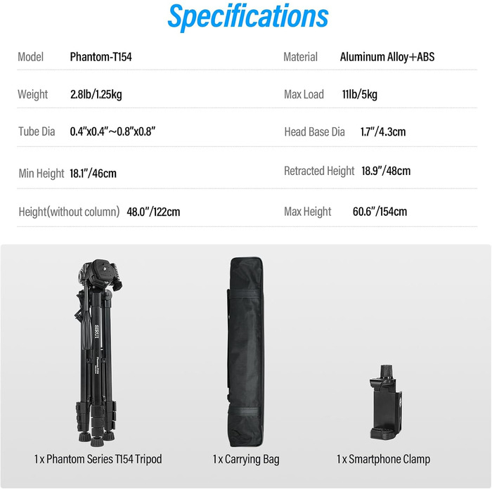 Штатив для камери SIRUI 154 см, алюмінієвий трипод з кріпленням для телефону, максимальне навантаження 5 кг