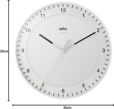 Braun Classic Large Radio Wall Clock, Central European Time Zone (CET/GMT+1) with a quiet movement, easy-to-read dial, 30cm diameter, white model BC17W-DCF.