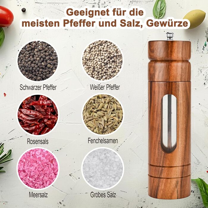 Herboom Salt and Pepper Grinder Wooden 2-Piece Set with Coasters, Cleaning Brush, Manual Ceramic Grinder Salt Mill Spice Grinder, for Pepper Salt Spices