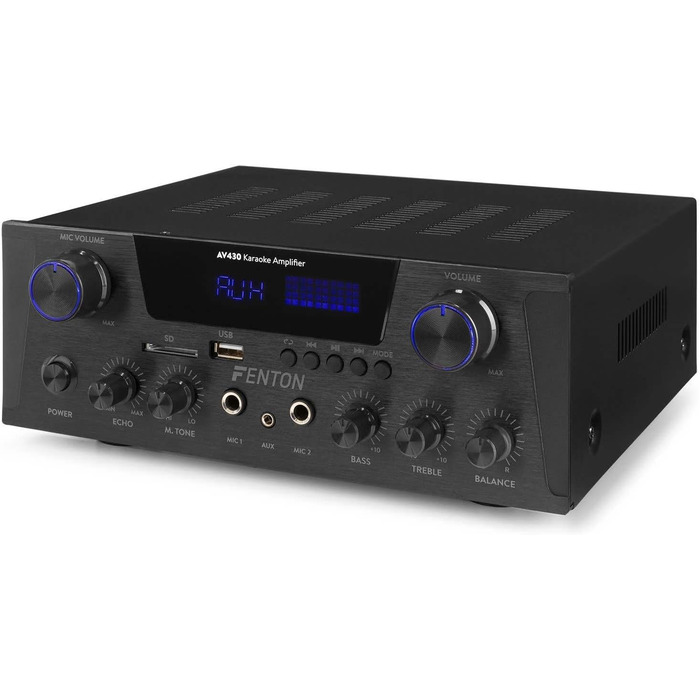 Fenton AV430B караоке підсилювач 600 Вт з Bluetooth, USB, SD, MP3, 2 мікрофонні входи, стерео Hi-Fi, з пультом, чорний