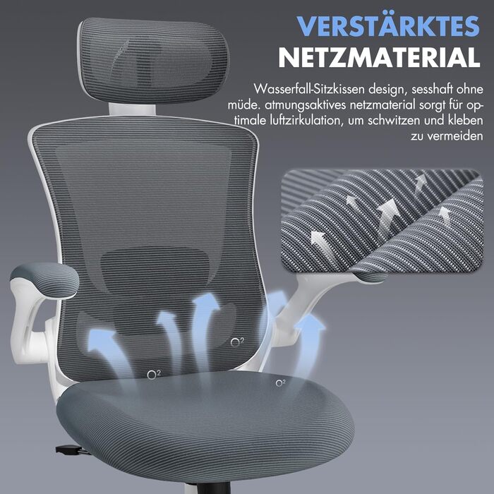 Коламі - ергономічне крісло для офісу з сітчастою спинкою, регульованою підголівником та поперековою підтримкою, підйомними підлокітниками, функцією гойдання та фіксації положення, регульоване по висоті, поворотне (сірий)