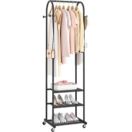 Robust Clothes Rack with Wheels, Modern Clothes Rack with 3 Metal Shelves, 180 cm Display Stand for Hanging Clothes, Clothes Rail for Small Room, Black