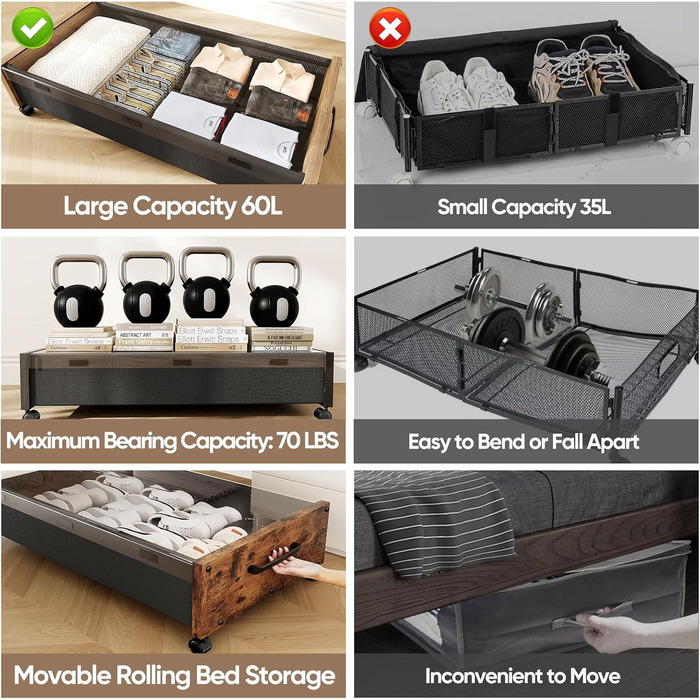 Підліжкова комода на колесах з дерева, знімний верх, великі металеві контейнери для зберігання взуття, ковдр, одягу, спальня, гуртожиток (Вінтаж-коричневий, 2 шт.)