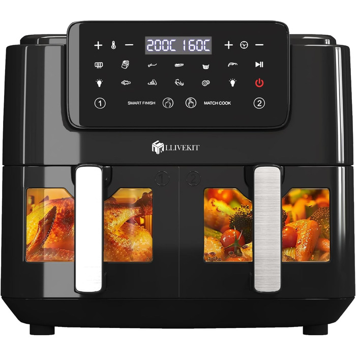 Аерофритюрниця LLIVEKIT Dual Zone 9 л з оглядовим вікном, без олії, 9-в-1, дві шухляди, сенсорне керування, таймер, смарт-функції, здорова фритюрниця, чорна