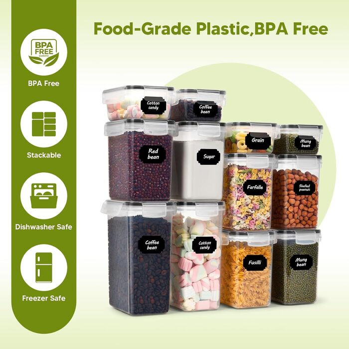 Набір контейнерів для продуктів на 20 штук з кришкою, герметичні, BPA-free, з етикетками, для зберігання круп, борошна, мюслі, кухонний органайзер