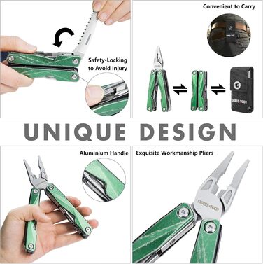 Мультитул Swiss+Tech 16-в-1 з нержавіючої сталі з ножем, пилкою, плоскогубцями, викрутками та ножицями для кемпінгу, відпочинку та ремонту, з чохлом, вінтажний зелений