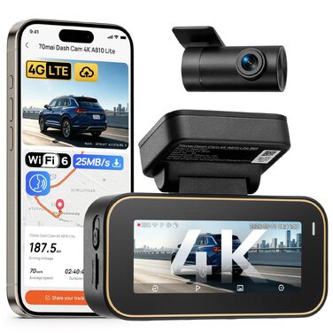 Автомобільний відеореєстратор 70mai A810 Lite 4K з Wi-Fi 6, передня та задня камери, чорний глянцевий