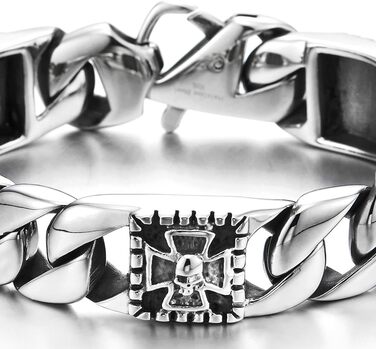 Чоловічий браслет з нержавіючої сталі COOLSTEELANDBEYOND з панцерною плетінням, хрестом та черепом, байкерський, готичний, вінтажний, полірований, срібний колір