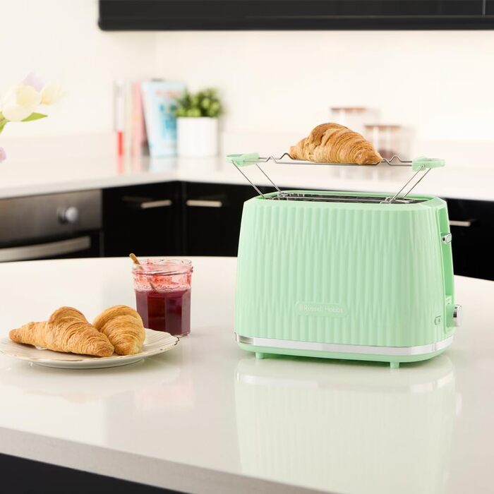 Тостер Russell Hobbs Eden з 6 рівнями підсмажування, підйомний механізм, функції розморожування, підігріву та зупинки, зйомний піддон для крихт, насадка для тостів, колір Pistazie (27374-56)