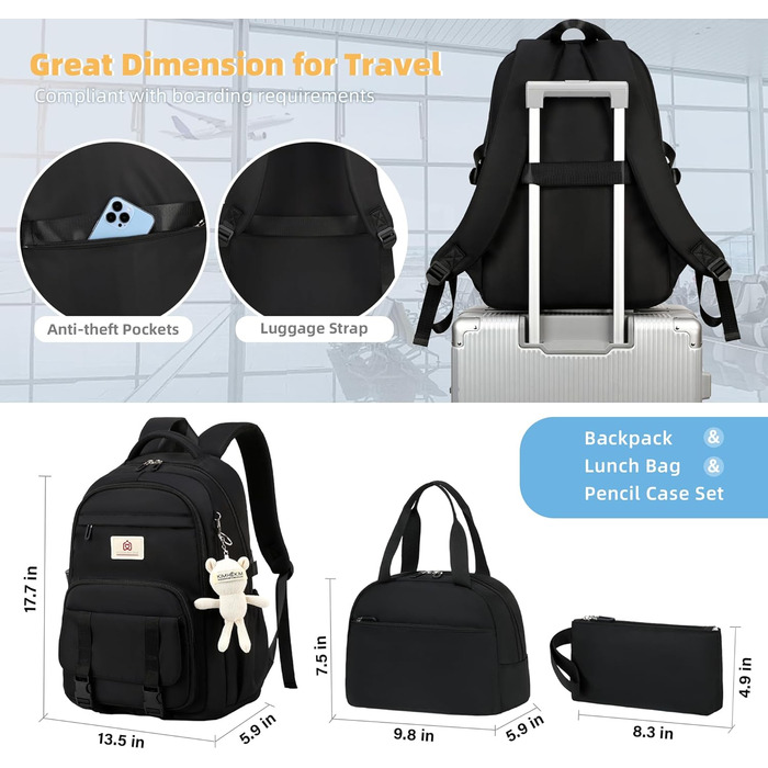 Чорний рюкзак для підлітка, дівчини, студентки: великий, 39.6 см (15.6 дюймів), антикрадійний, для школи, університету