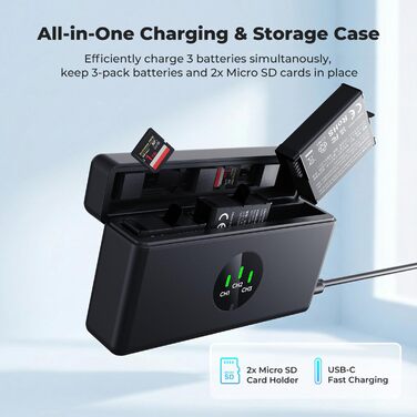 Набір акумуляторів K&F CONCEPT Osmo Action 5 Pro (3 шт.) з тризарядним пристроєм, 2100 mAh, сумісний з DJI Osmo Action 5 Pro, 360, 6, 4, 3