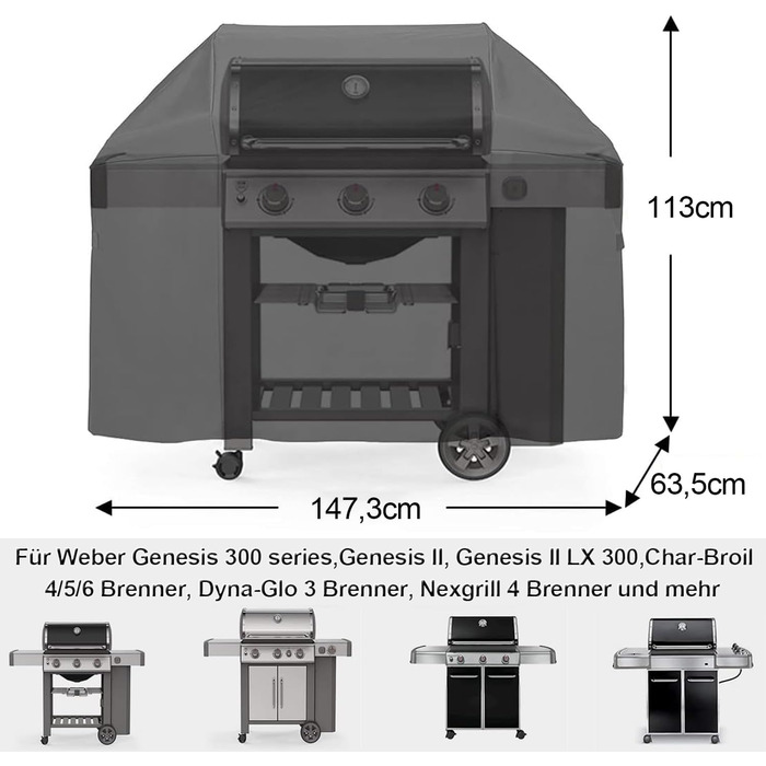 Чохол для гриля Weber Genesis II 300 серії, E-330/E-310/S-310/S-330/S-335/S-340, 147 см, 600D Оксфорд, водонепроникний, посилений