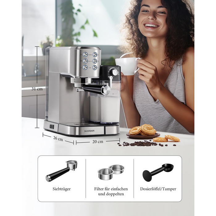 Професійна кавомашина SHARDOR для еспресо, капучино та лате макіато, 1350W, 20 Bar, нержавіюча сталь