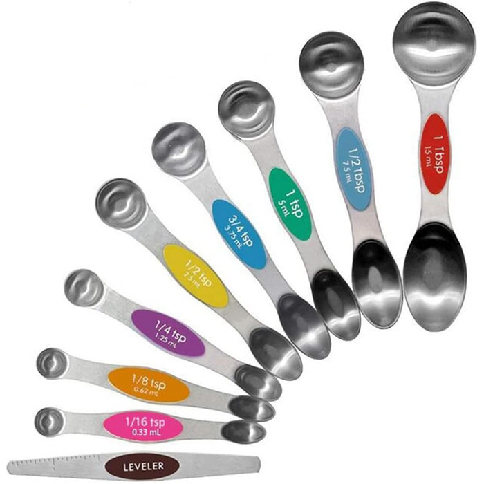 FBHappiness 9-Piece Measuring Spoon Set, Magnetic Double-Sided Teaspoon and Tablespoon Stainless Steel, Stackable, Suitable for Various Spice Jars and Measuring Cups.