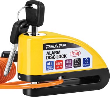 Замок на дискову гальмівну систему REAPP з сигналізацією 110 дБ для мотоцикла, мопеда, велосипеда, самоката, високої безпеки, з 1,5 м кабелем та чохлом