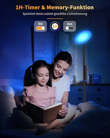 Стійка лампа LuminexDesigns з полицею, 36W+7W LED, диммування, 3200LM+600LM, сучасний дизайн, для вітальні та як настінний світильник, з пультом керування, 2700K-6500K, чорний колір