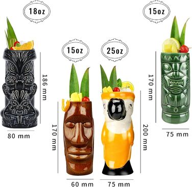 Tiki Tassen Cocktail Set with 4 Pieces – Large Ceramic Cups, Hawaiian Luau Party Cups, Drinkware, Cute Exotic Cocktail Glasses, Tiki Bar, Professional Hawaiian Party