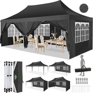 COBIZI Pavilion 3x3 Waterproof, Stable, Winter-Proof Party Tent, Folding Pavilion 3.0, 100% Waterproof and UV 50+ Portable High-End Portability Garden Pavilion (Black, 3x6 with 6 Side Walls)