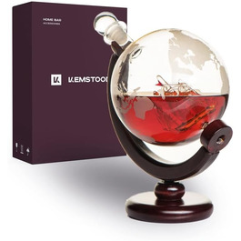Kemstood Whisky Decanter Globe Set (850 ml) - Elegant Whiskey Decanter with Glasses, Wooden Stand, and Engraved World Map - Whiskey Gift Set/Gifts for Men Who Have Everything, Whiskey Decanter