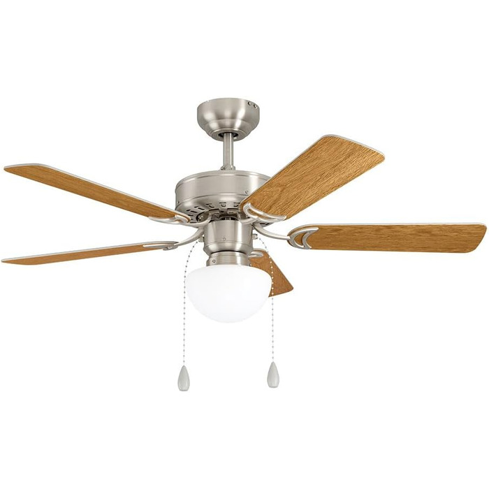 Стеляний вентилятор EGLO CADIZ з 5 лопатями, світлом, ланцюжком, лопаті з МДФ (срібло/дуб), корпус зі сталі (нікель-мат), літньо-зимовий режим, AC двигун, діаметр 106.6 см