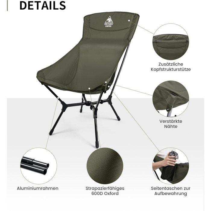Кемпінговий стілець OneTigris OASISFLEX складний, високий, до 150 кг, зелений Ranger. Стілець для риболовлі, туризму з бічними кишенями