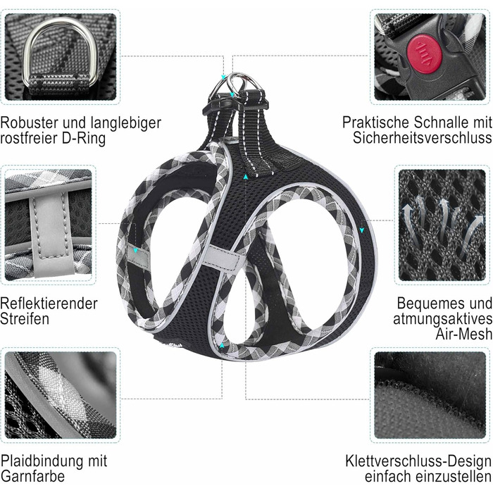 Нашийник та поводок для собак Haapaw, без натягу, регульований, світловідбиваючий, Step-in, для цуценят, з м'якою підкладкою, для дуже маленьких/маленьких/середніх собак, блакитний (чорний, XL (обхват грудей 50.8-59.6 см, вага 8.2-12.7 кг))