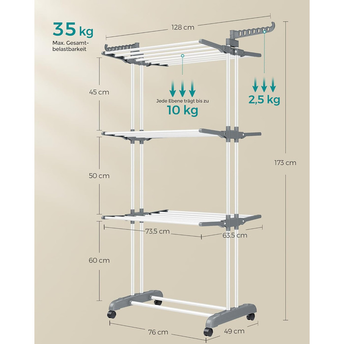 SONGMICS Сушарка для білизни на коліщатках, 4 яруси, розкладна, біла, 63.5 x 128 x 173 см, для дому та вулиці