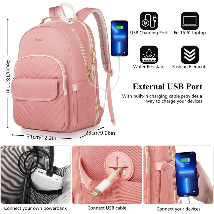 Жіночий рюкзак для ноутбука 17,3 дюйма: стильний рюкзак для дівчат-підлітків, студентів та вчителів, ідеальний для навчання, роботи та офісу (15.6', Рожевий)