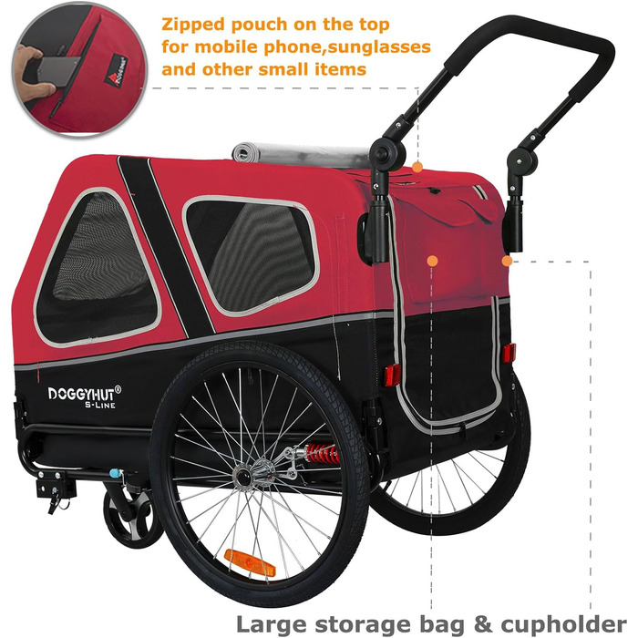 Doggyhut S-Line XL: велосипедно-колісний візок для собак, 2 в 1, до 45 кг, червоно-чорний
