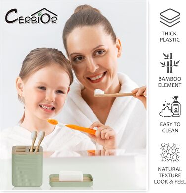 CERBIOR Набір аксесуарів для ванної кімнати, 6 шт., бамбуковий набір для ванної, з дозатором для мила, тримачем для зубних щіток, стаканчиком для зубних щіток, мильничкою для декоративного столу та подарунком для дому (зелений)