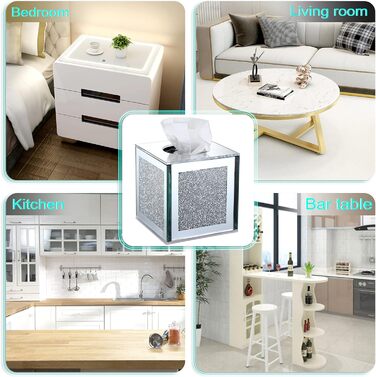 BTSKY Glittering Glass Cube Tissue Box with Crushed Crystal Diamonds for Home Decoration, Table Napkin Holder, Square Tissue Organizer