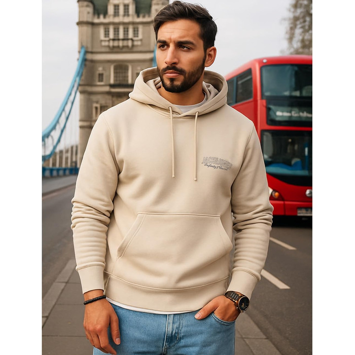 Чоловічий худі JACK & JONE з капюшоном, логотип, кремово-білий (M)