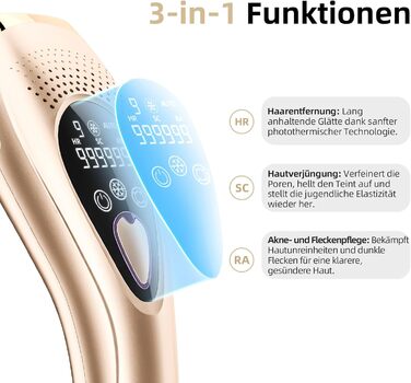 Пристрій для епіляції IPL з охолодженням 6°C, безболісна епіляція для тіла та обличчя, 999 900 імпульсів, 9 рівнів потужності, для тіла, обличчя, зони бікіні