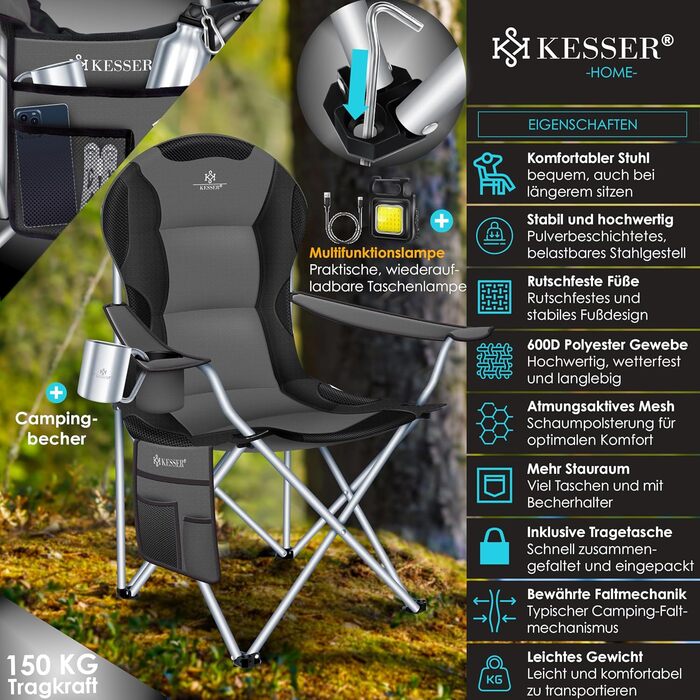 Крісло для кемпінгу KESSER® - складне, до 150 кг, з підлокітниками, високою спинкою, для риболовлі, відпочинку, пляжу, з підсвіткою, тримачем для напоїв, сумка, бежевий (антрацитовий/чорний)