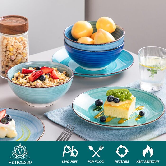 Набір посуду Vancasso Bonita (24 елементи) блакитний, кераміка, для 6 осіб, ручна робота, набір посуду
