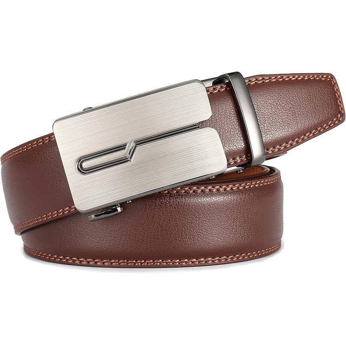 Чоловічий шкіряний ремінь Guvoosm з автоматичною застібкою, 3,5 см, колір коричневий, довжина 125 см, підходить для об'єму талії 92-107 см, для ділового костюма