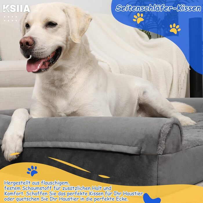 KSIIA Orthopedic Dog Bed for Large Dogs, 105x70x18cm, Removable and Washable Cover, XL Dog Couch with THREE Raised Edges, Non-Slip Bottom, Egg Crate Foam Dog Basket, (L 91 x W 68 x H 16 cm, Light Grey)